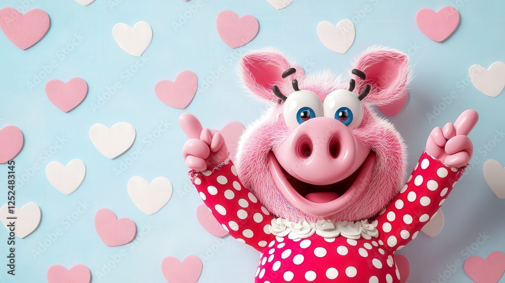 Fototapeta premium Cheerful cartoon pig character with hearts in playful background
