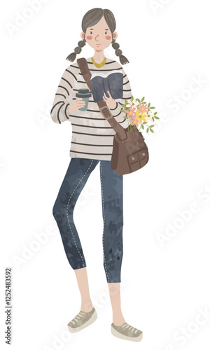 学校帰りに本を読んで勉強する女の子のイラスト（素朴な水彩タッチ）