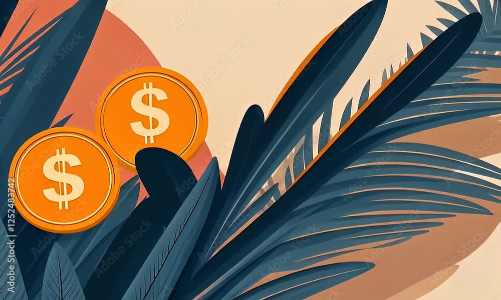 Tropical finance dollar coins amidst palm fronds, illustrating financial growth in a sunny climate. Use website banner, financial blog