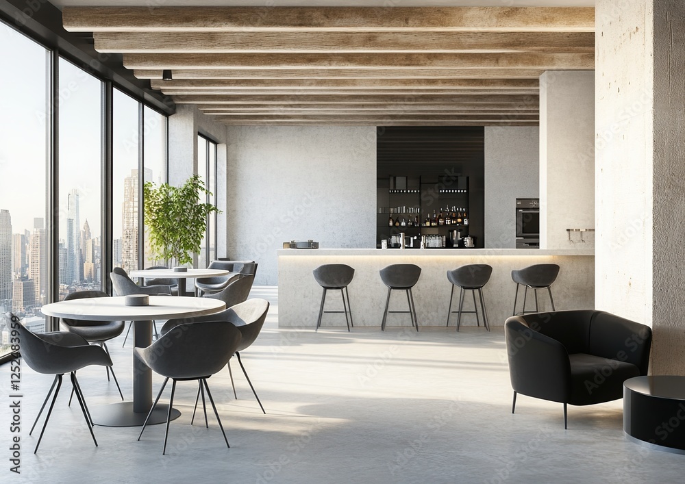 Fototapeta premium Modern Bar Design: Concrete, Wood, City Views, Stylish Seating, Minimalist Decor, Open Space, High Ceiling, Industrial Chic, Relaxing Atmosphere, Sophisticated Lounge