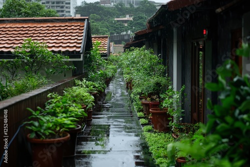 Raining on plants in pots outside a home, city buildings, use for weather photo