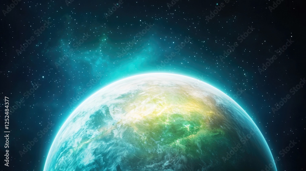 Fototapeta premium Glowing Earth-like planet with a vibrant green and blue atmosphere shines against a dark starry space background with a teal nebula.