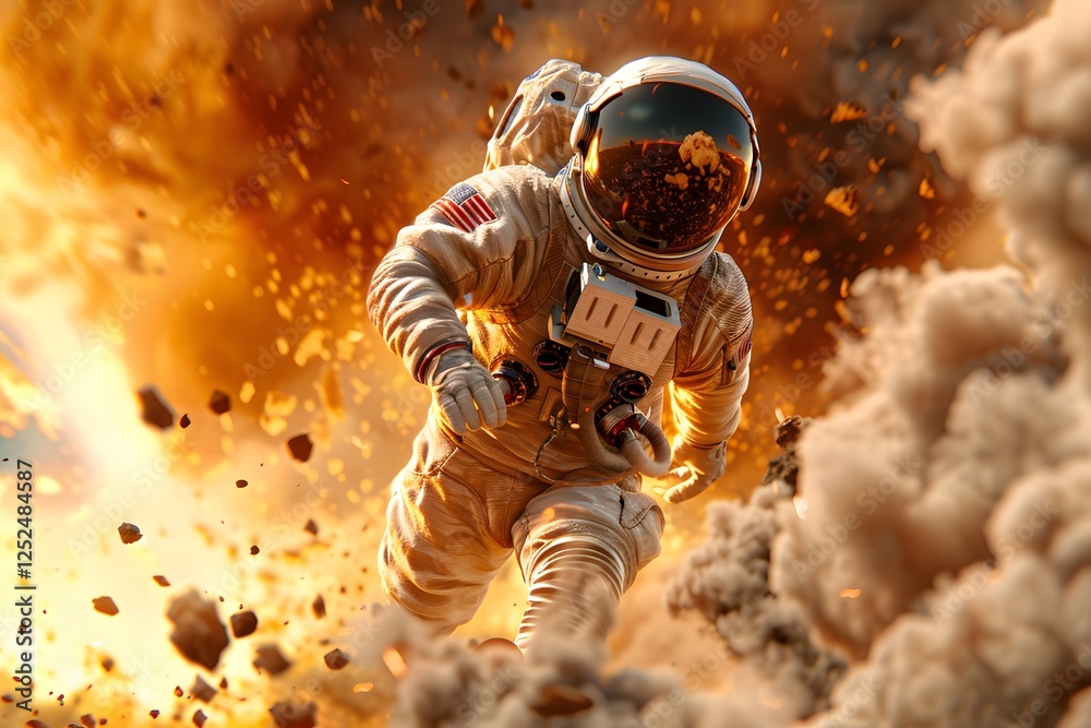 Fototapeta premium Heroic Astronaut Navigating Explosive Space Adventure with Determination