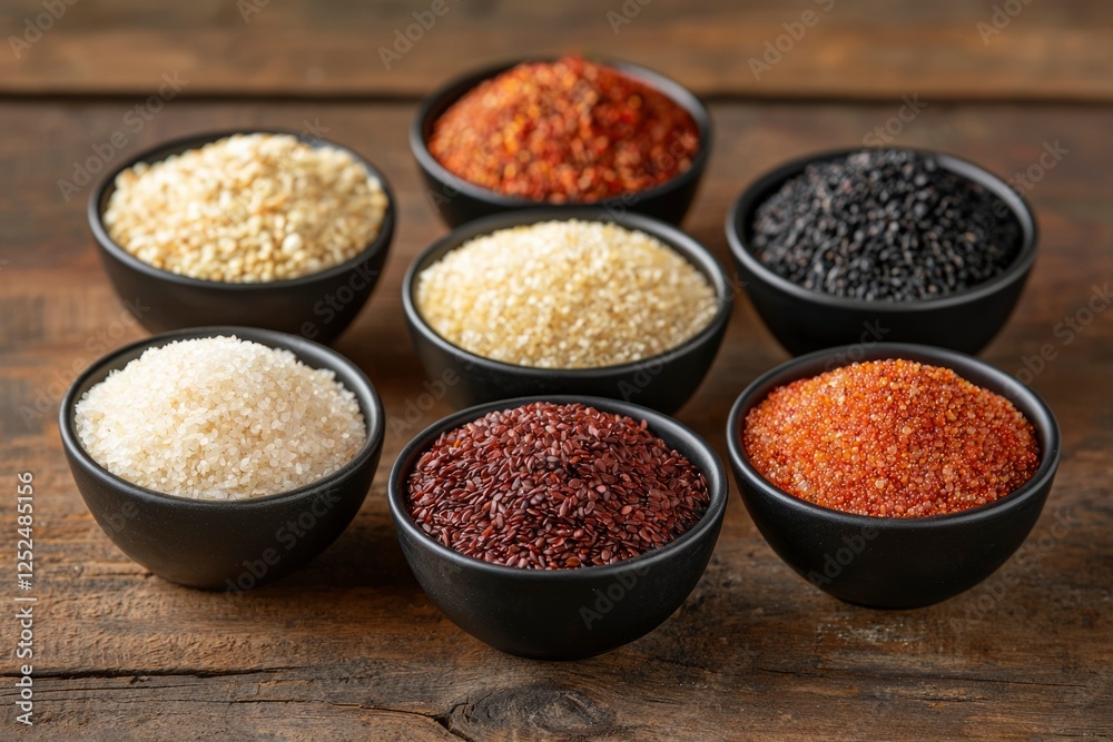 Bowls of colorful sugars are displayed on a wooden surface for food photography Bowls of colorful sugars are displayed on a wooden surface for food photography
