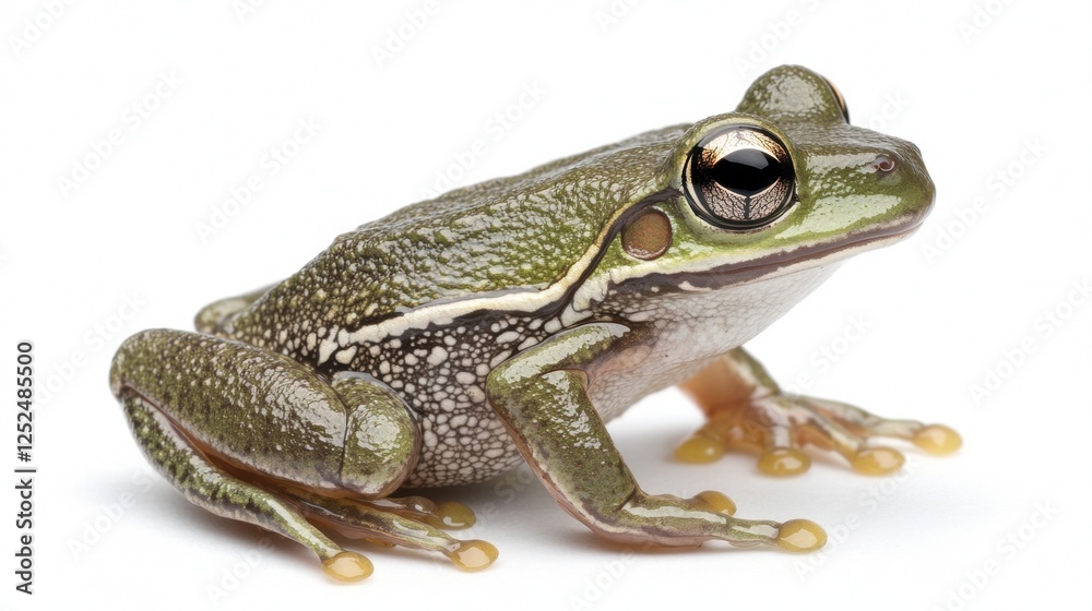 Fototapeta premium Close-Up Portrait of a Green Frog Displaying Detailed Textures and Reflective Eyes on White Background