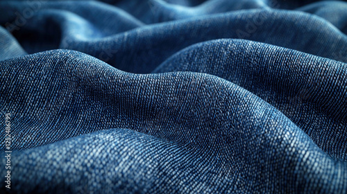 Close-up of folded blue denim fabric texture, ideal for fashion or textile backgrounds
