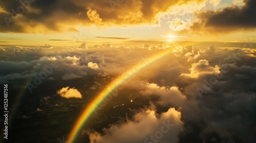 Majestic aerial view capturing vibrant rainbow during golden hour photo