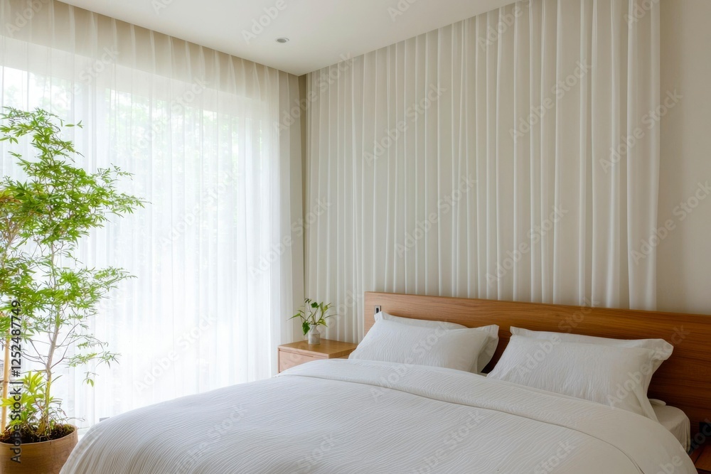 Fototapeta premium Bright, modern bedroom interior with a wooden bed and a plant near window