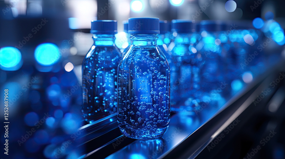 Water Bottles on Conveyor Belt in Beverage Factory Water Bottles on Conveyor Belt in Beverage Factory