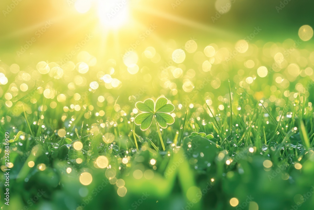 Obraz premium Dewy Four-Leaf Clover Sunrise Meadow