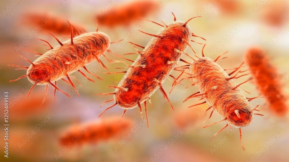 Close-up view of salmonella bacteria under a microscope, showcasing vibrant colors and rod-shaped structure, representing microbiology and scientific research concepts. Close-up view of salmonella bacteria under a microscope, showcasing vibrant colors and rod-shaped structure, representing microbiology and scientific research concepts.