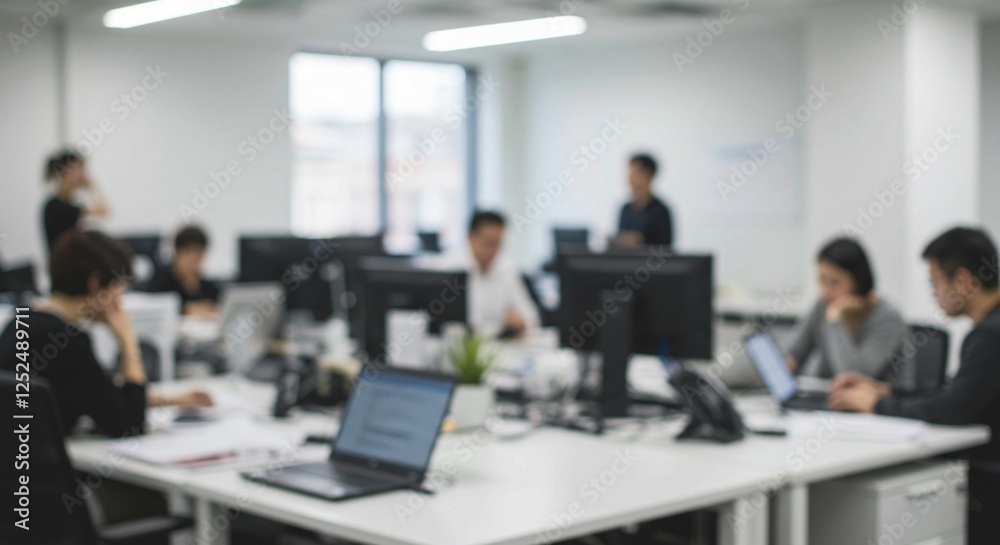 This image depicts a blurred office environment with multiple desks and computers, highlighting the workspace setup and overhead lighting This image depicts a blurred office environment with multiple desks and computers, highlighting the workspace setup and overhead lighting