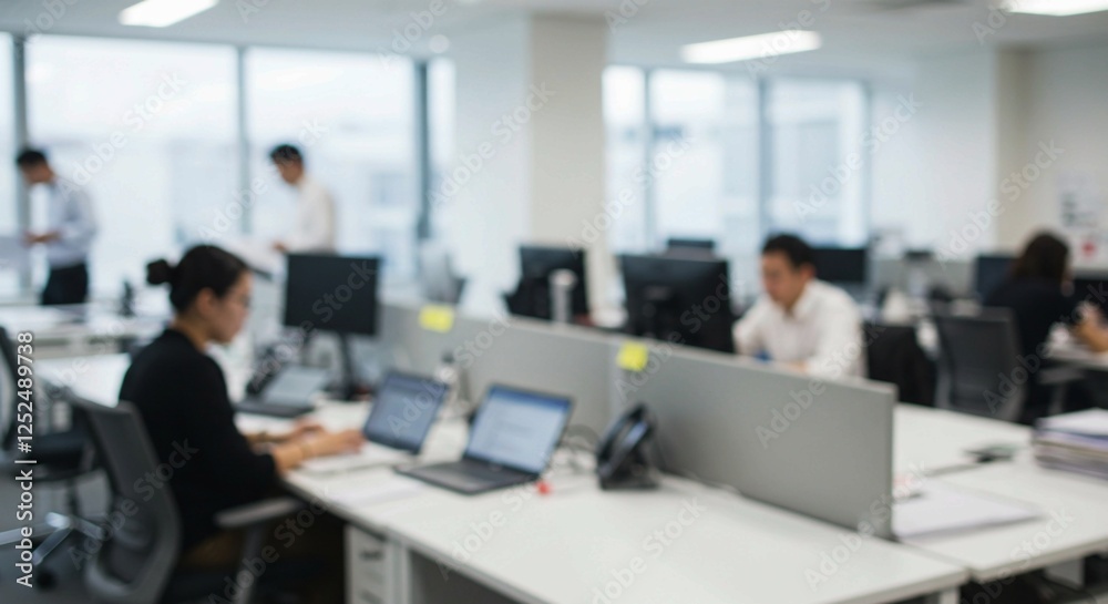 This image of a blurred office space, featuring rows of desks and computers, evokes the common imagery associated with corporate work environments This image of a blurred office space, featuring rows of desks and computers, evokes the common imagery associated with corporate work environments