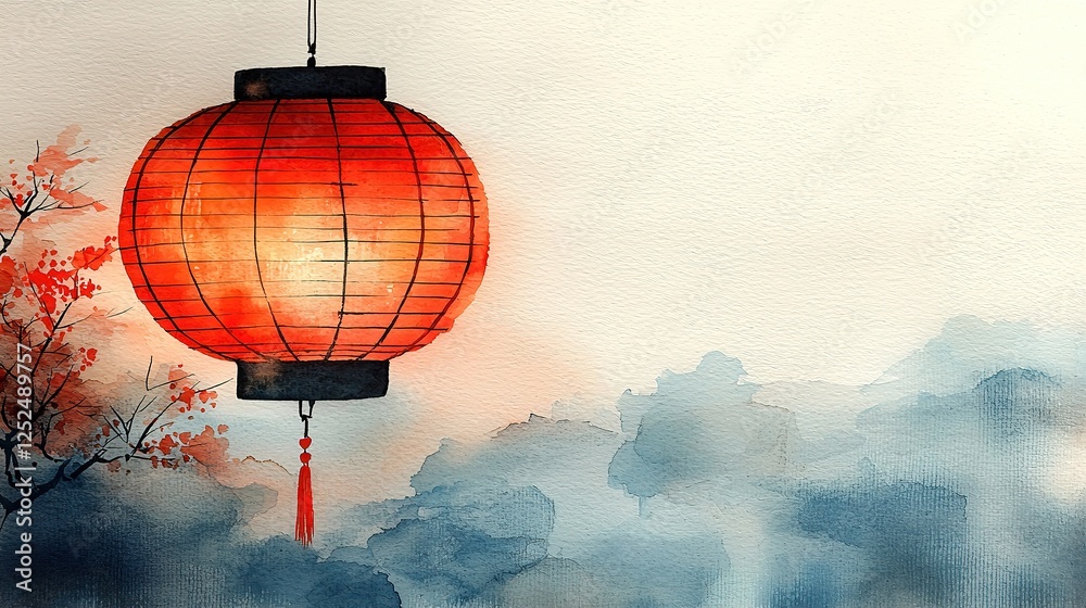 Obraz premium Obon Festival: A Celebration of Ancestral Spirits with Fireworks Tranquil Red Lantern with Watercolor Landscape Background
