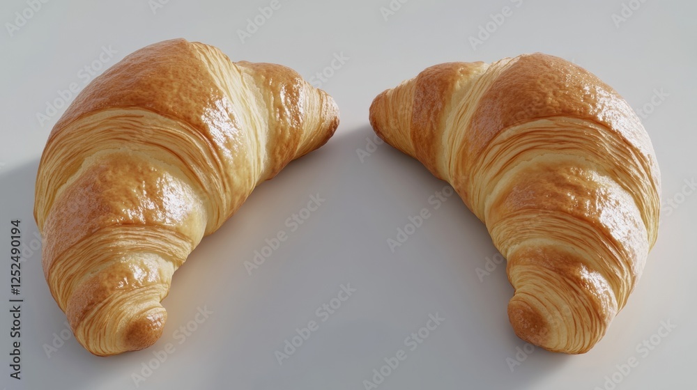 Two Golden Croissants with Flaky Layers on a Light Gray Surface Ready for Enjoyment Two Golden Croissants with Flaky Layers on a Light Gray Surface Ready for Enjoyment