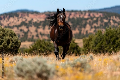 Majestic dark horse running free through a grassy field with mountains in the background