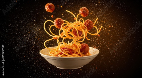 A bowl of pasta tossed in the air, with strands of spaghetti, meatballs, and sauce flying outward in a dramatic light.
