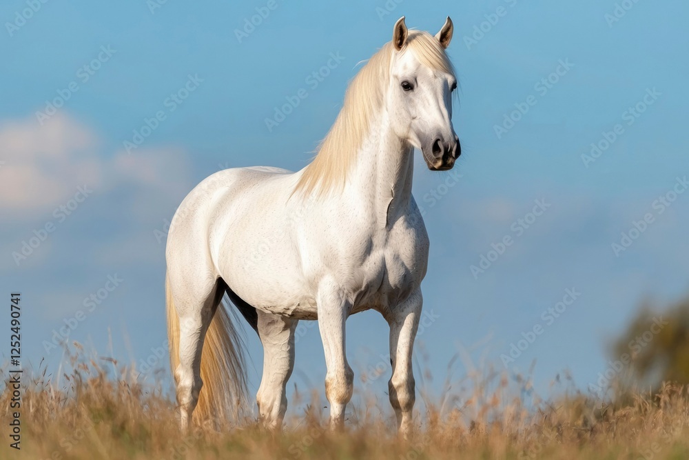 Fototapeta premium Majestic white horse grazes in a golden field under a blue sky, nature background
