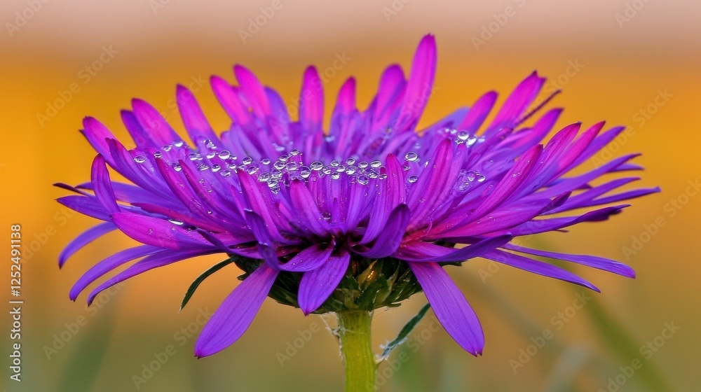 Obraz premium Vibrant Purple Flower with Dew Drops in Soft Background Light Capturing Nature's Beauty and Delicate Details