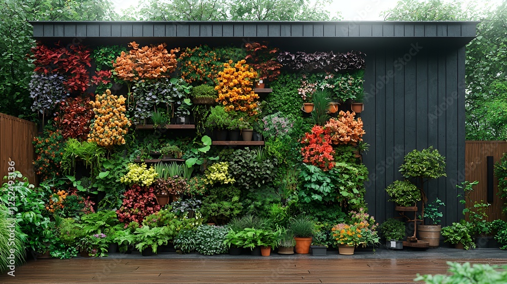 Naklejka premium Colorful vertical garden, outdoor patio, lush plants, modern building, home decor