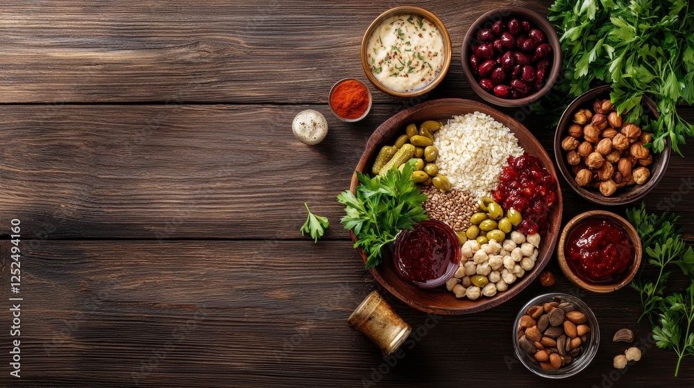 Assorted Mediterranean ingredients on a rustic wooden table Assorted Mediterranean ingredients on a rustic wooden table