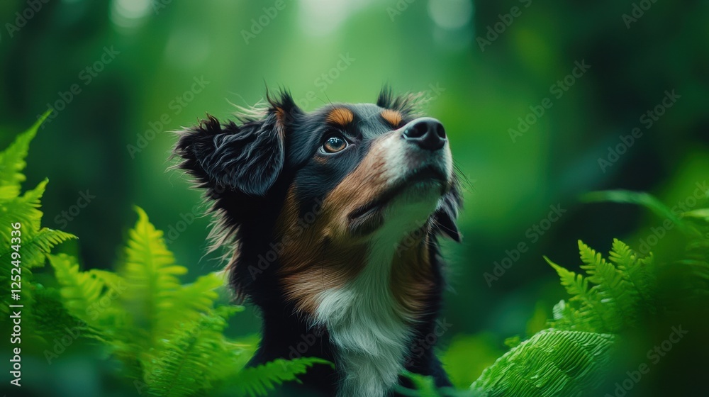 Australian Shepherd in a Lush Green Forest Setting Australian Shepherd in a Lush Green Forest Setting