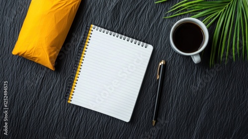 Cozy workspace setup with notebook, coffee, and greenery photo