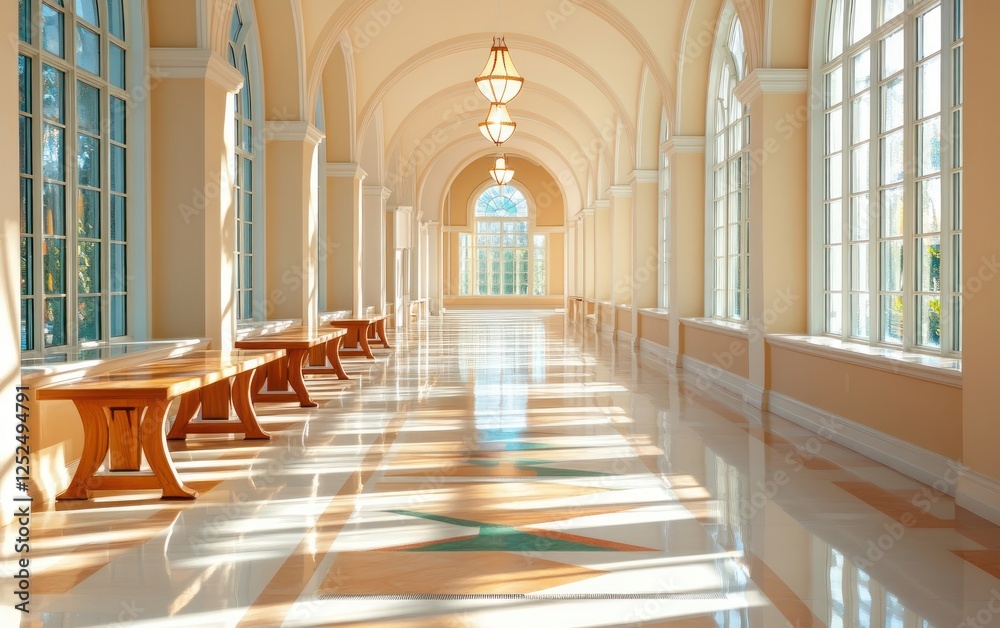 Fototapeta premium Serene Hallway with Elegant Arched Windows and Natural Light in Luxurious Indoor Space
