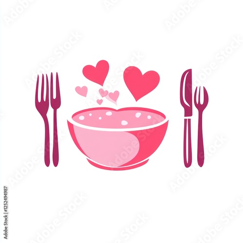 Pink bowl of food with hearts, cutlery, romantic meal photo