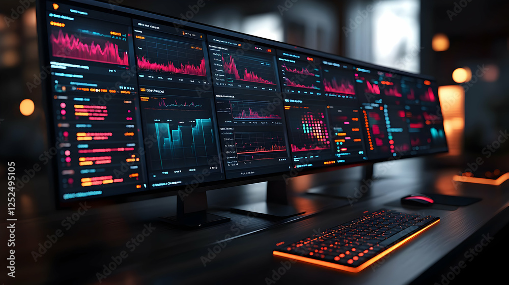 Multiple Monitors Displaying Data Graphics In Dark Office Multiple Monitors Displaying Data Graphics In Dark Office