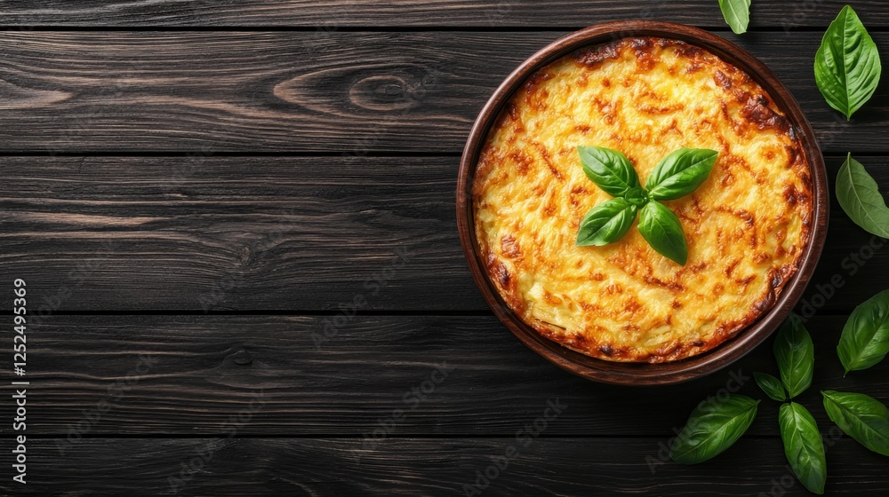 Baked lasagna topped with fresh basil on wooden table Baked lasagna topped with fresh basil on wooden table