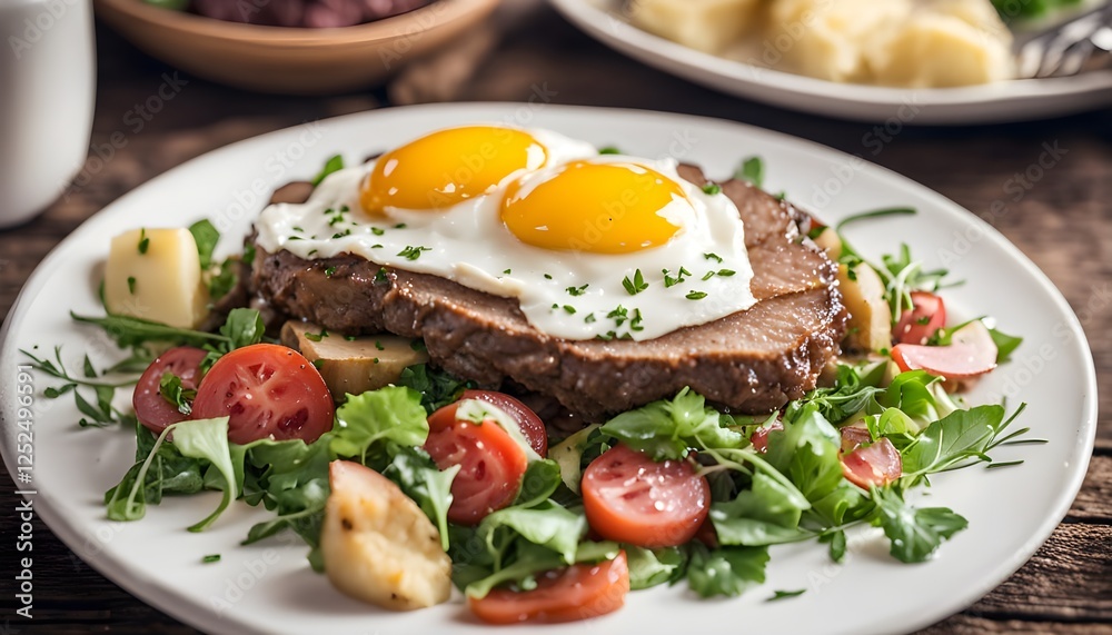 Bavarian potato salad on a white plate. Meat loaf or liver loaf with fried egg in the background. Natural light, selective focus. Bavarian potato salad on a white plate. Meat loaf or liver loaf with fried egg in the background. Natural light, selective focus.