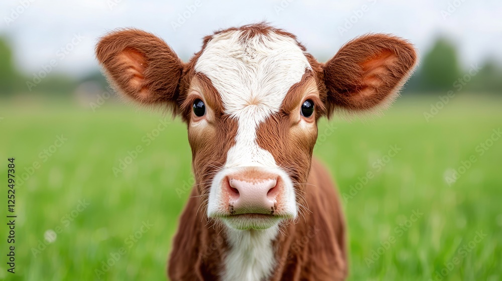Calf portrait, pasture, spring, green field, farm animal Calf portrait, pasture, spring, green field, farm animal