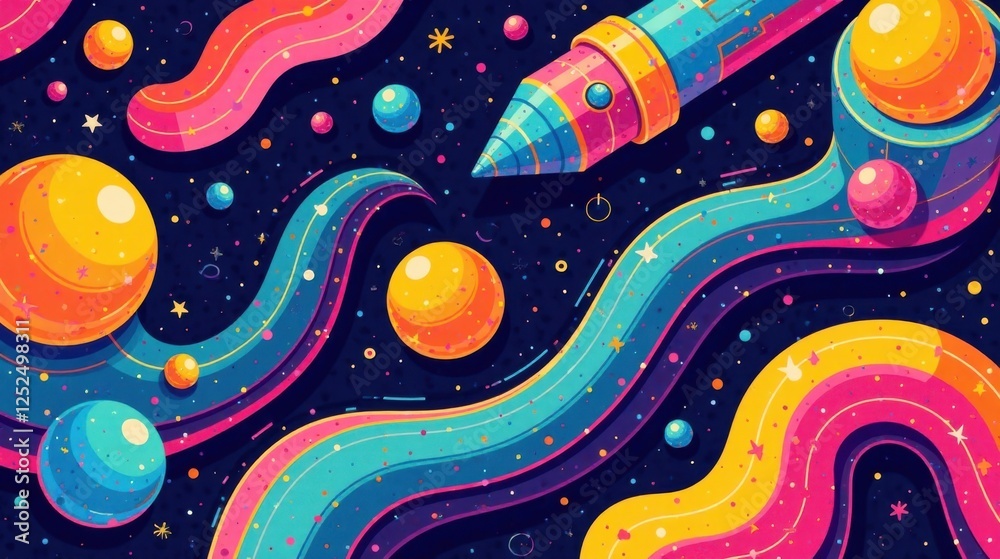 A vibrant rocket ship soaring through a cosmic landscape of swirling, colorful nebulae and luminous celestial bodies A vibrant rocket ship soaring through a cosmic landscape of swirling, colorful nebulae and luminous celestial bodies