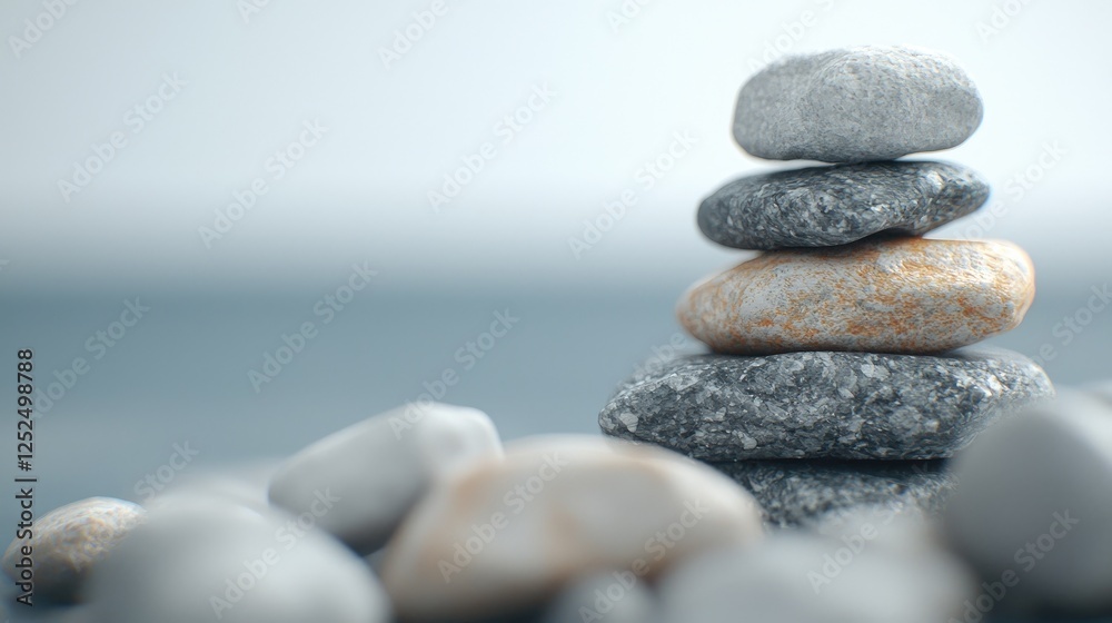 Stacked stones, beach background, zen, balance, serenity, meditation, spa Stacked stones, beach background, zen, balance, serenity, meditation, spa