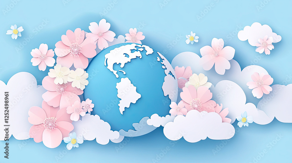 Obraz premium Paper World Map with Clouds and Daisies on Blue Background
