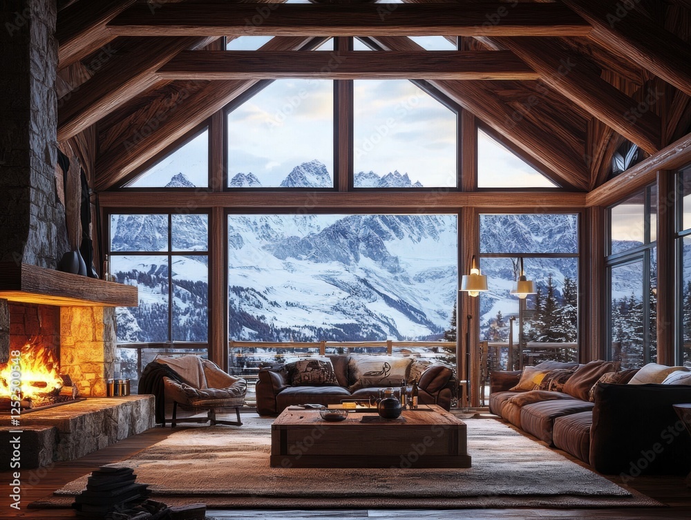 Fototapeta premium A cozy living room with a warm fireplace, rustic wooden beams, and a breathtaking mountain view through large windows, inviting atmosphere