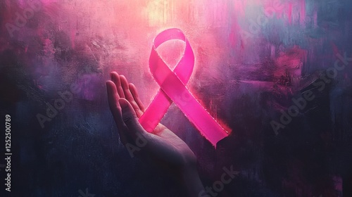 Pink Ribbon Symbol Held in Hand for Breast Cancer Awareness on Abstract Textured Background