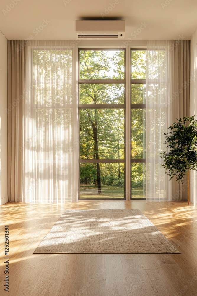 Fototapeta premium Bright airy living room with forest view from window, sunlit carpet. Home design