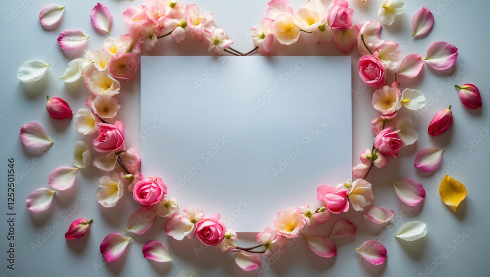 Obraz premium Beautiful Soft Pink Peach Rose Petals Forming in a Heart Shape Arround Blank White Paper on a Clean Floor for Romantic Wedding or Valentine Day Ideas Romantic Wallpaper Background Idea Inspiration