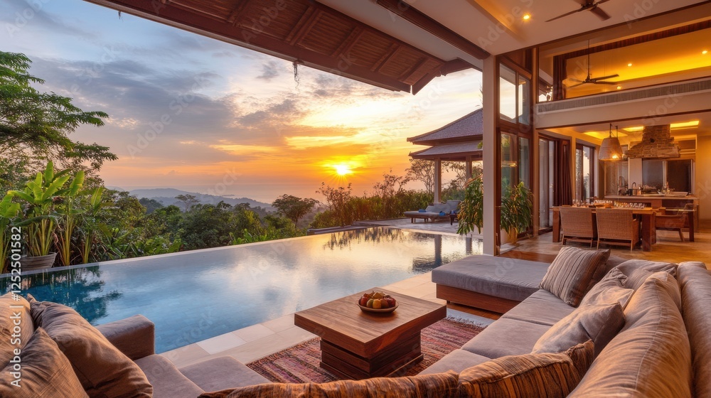 Fototapeta premium A luxury villa living room with an infinity pool view, open-concept design, tropical plants, warm lighting, and a breathtaking sunset backdrop