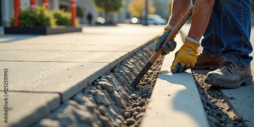 A construction worker meticulously uses a hand tool to compact gravel into a newly formed trench during outdoor paving project