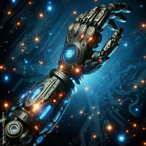 Mecha Arm Prosthetic A robotic arm with glowing circuits and mec