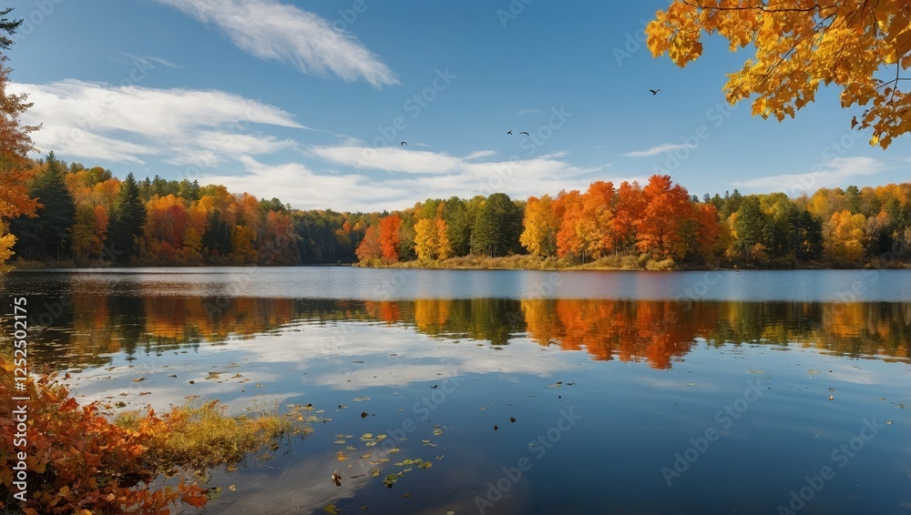 Obraz premium A peaceful autumn landscape with vibrant orange and yellow leaves, a calm lake reflecting the colorful trees