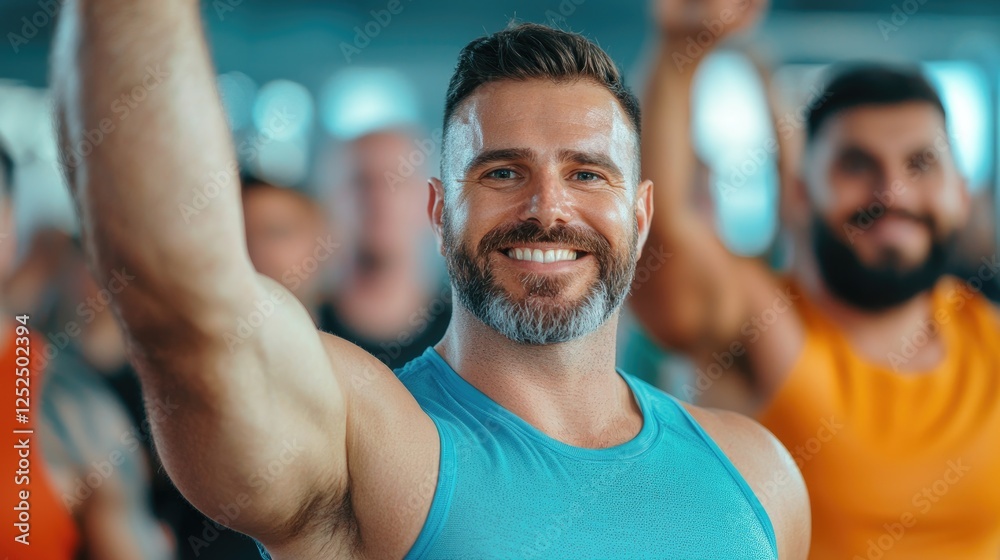 A smiling man in a turquoise tank top raises his arm in a fitness class, surrounded by enthusiastic participants enjoying their workout. A smiling man in a turquoise tank top raises his arm in a fitness class, surrounded by enthusiastic participants enjoying their workout.