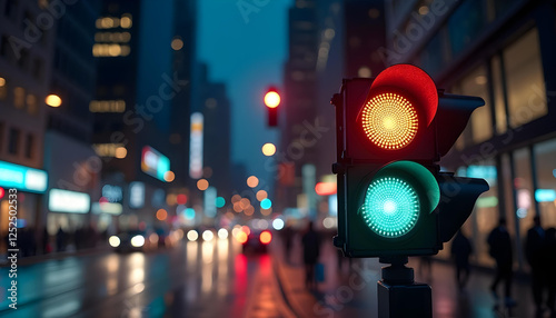 a traffic light in the city at night