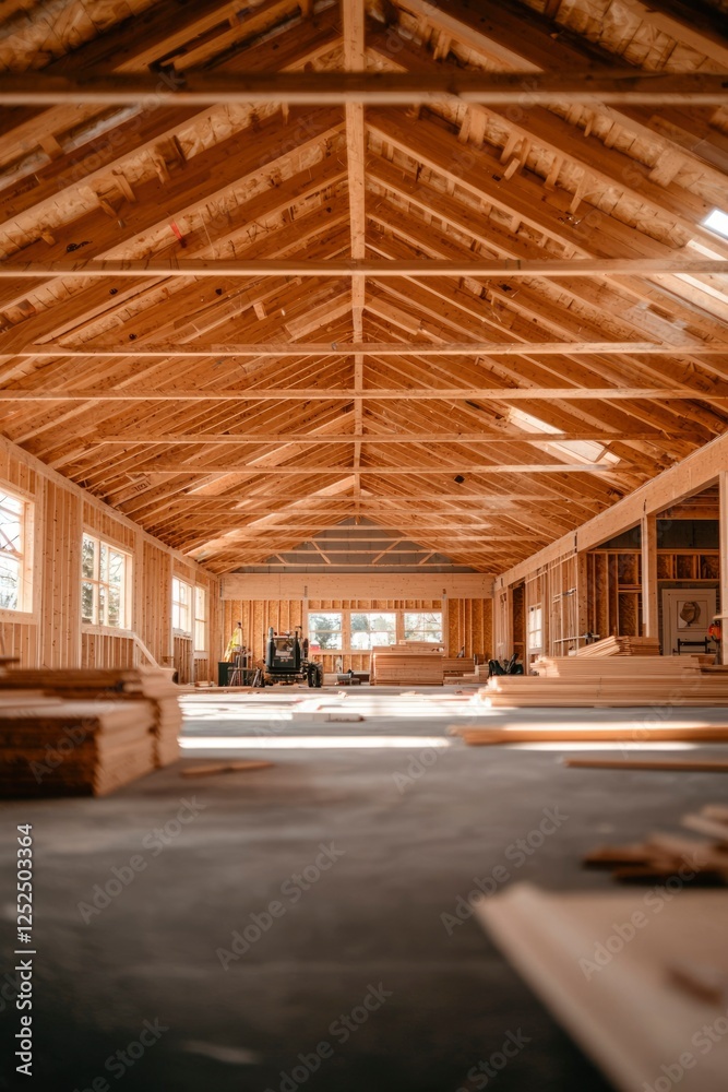 Indoor home construction with wooden beams and workers visible in background Indoor home construction with wooden beams and workers visible in background