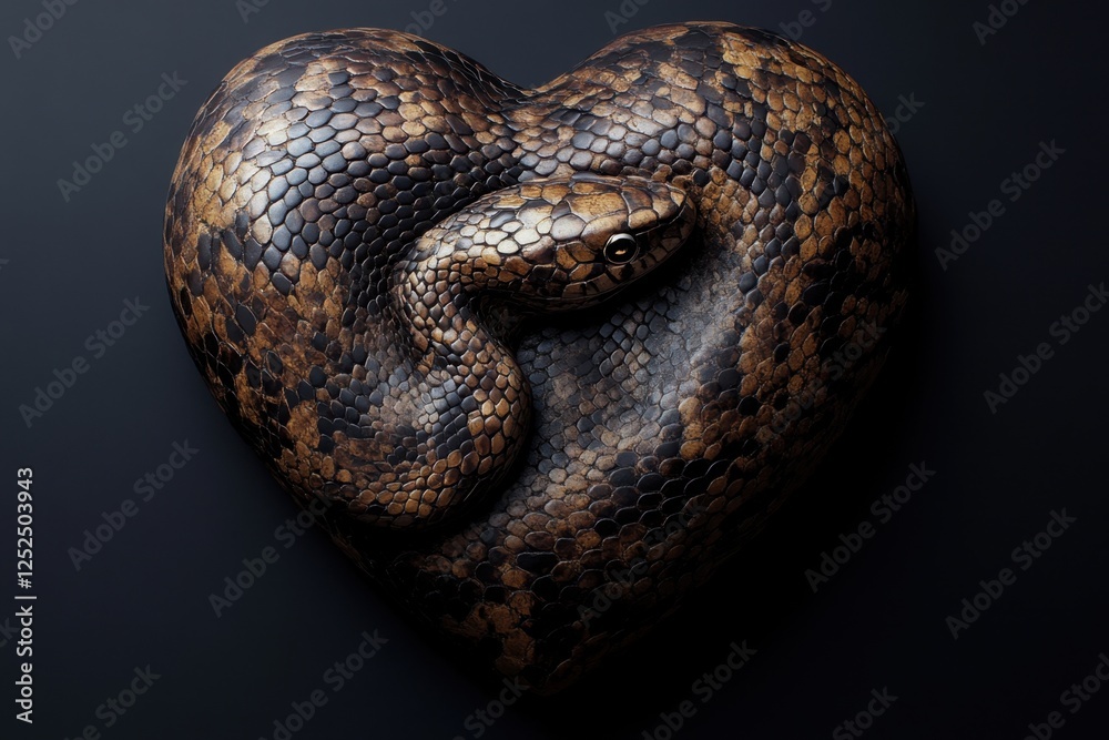 Obraz premium A curled snake forms a heart shape on dark background