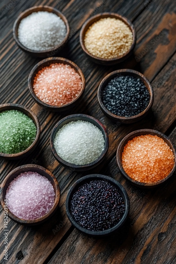 Colored sugars in bowls on rustic wooden surface. Food photography Colored sugars in bowls on rustic wooden surface. Food photography