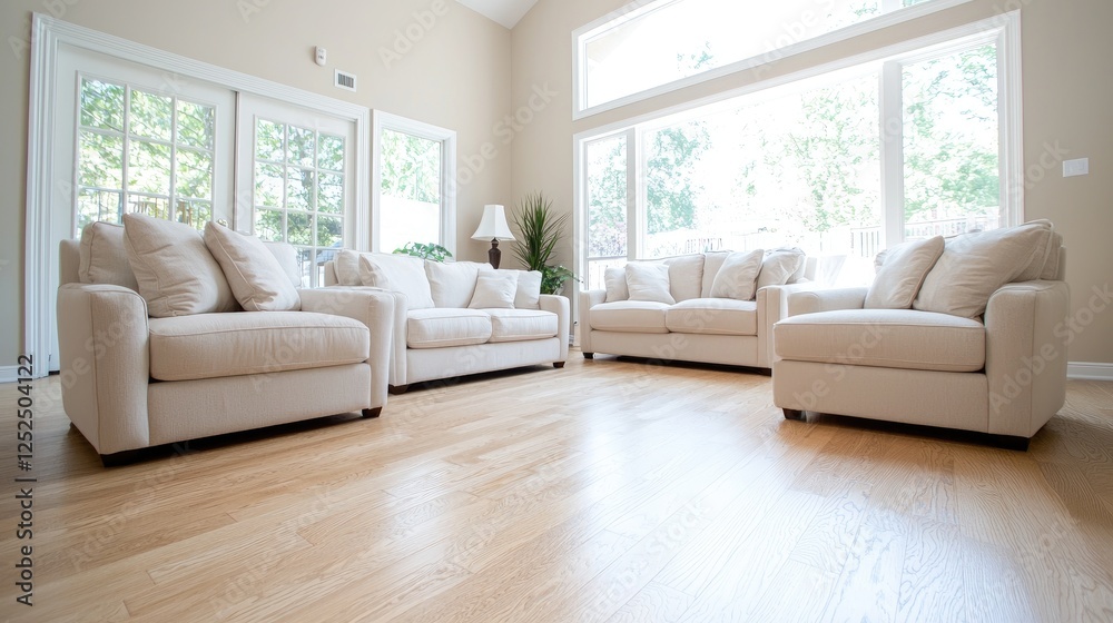Fototapeta premium Bright living room with hardwood floors, sofas, and large windows showing a garden. Home interior design